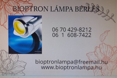 Bioptron lámpa bérlés, Bioptron lámpa kölcsönzés. Bérlés igénylés, csak telefonon: 06 70 429-8212.  
Ezek a 4, 11, és 15 cm átmérőjű orvosi készülékek alkalmasak a Bioptron polarizált fényterápia segítségével: - fekély meggyógyítására, felfekvések meggyógyítására, a sebek szokásosnál szebb és gyorsabb gyógyulására -arcüreg, fülgyulladásra, - reumás és ízületi panaszokra - égési sérülésekre - fájdalomcsillapításra -bőr problémákra így ekcéma, pikkelysömör, valamint kozmetikai kezelésre.
Kaució nincs. Kérésre kedvezményesen kiszállítom Önnek.
Tájékozódni a feltételekről, és megrendelni, telefonon lehet.
